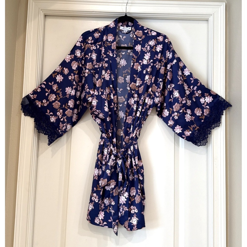 In Bloom by Jonquil Blue Floral Kimono Robe Tie Waist Lightweight Loungewear XL